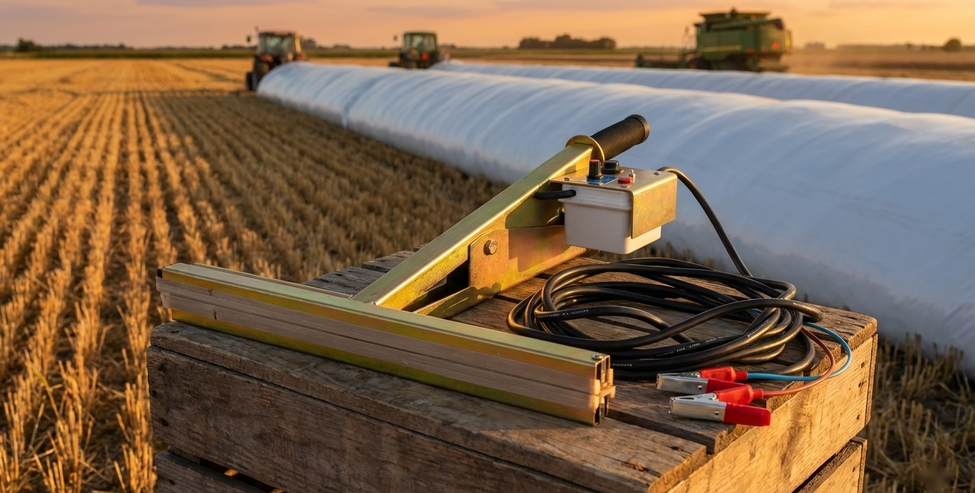Selladora de silo bolsa TSSB50 en el campo con silo bolsas de fondo
